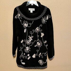 Victoria Harbour Sweater Black Knit Pearl Beading Tunic Floral Design Vintage L